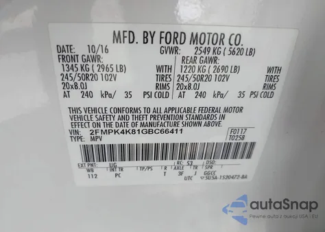2016 Ford Edge Titanium z USA, uszkodzony, nr VIN 2FMPK4K81GBC66411